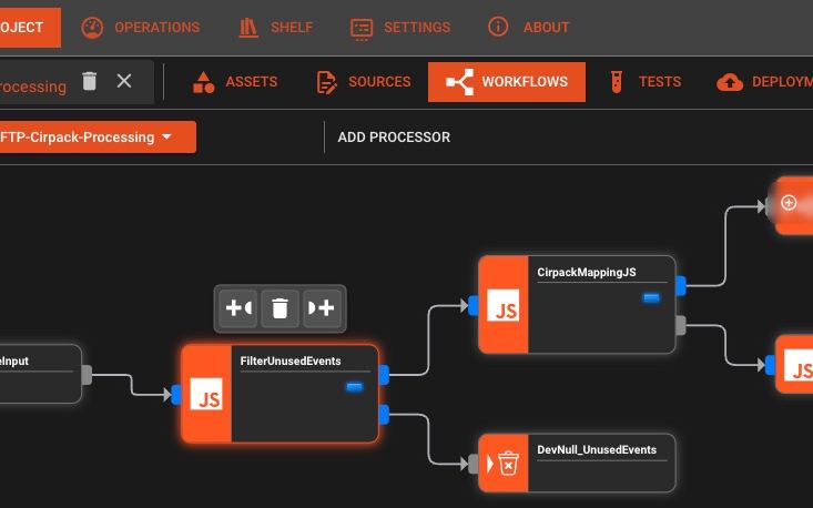 Diseñador visual de canalizaciones de layline.io mostrando flujo de datos en tiempo real