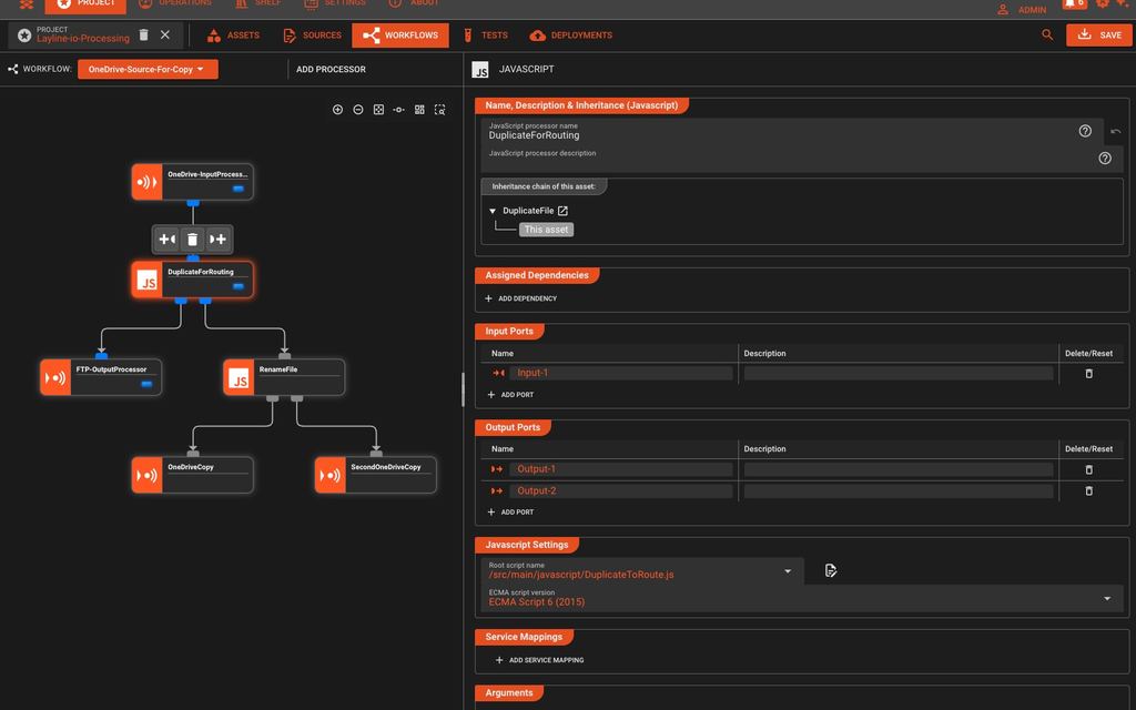 Éditeur de workflow layline.io affichant le traitement des événements réactifs