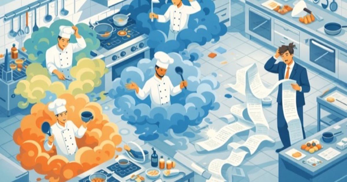 Une cuisine de dessin animé où des chefs confus apparaissent dans des nuages de fumée tandis qu'un manager regarde une facture énorme