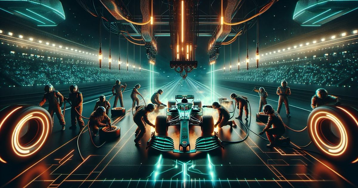 La squadra del pit stop di Formula 1 sincronizza i flussi di dati in real-time