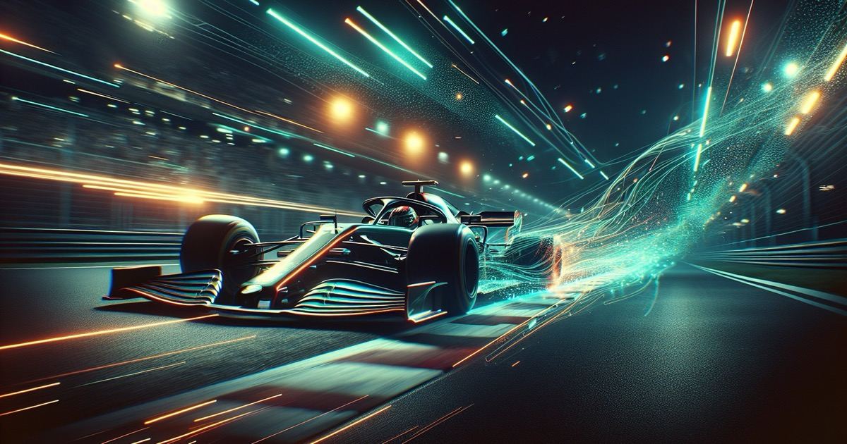 Auto da corsa di Formula 1 che lascia una scia di dati in streaming