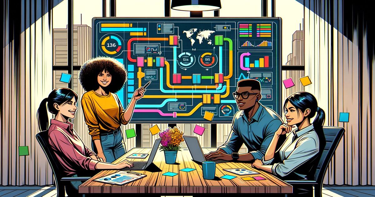 Un team diversificato che collabora attorno a una lavagna digitale