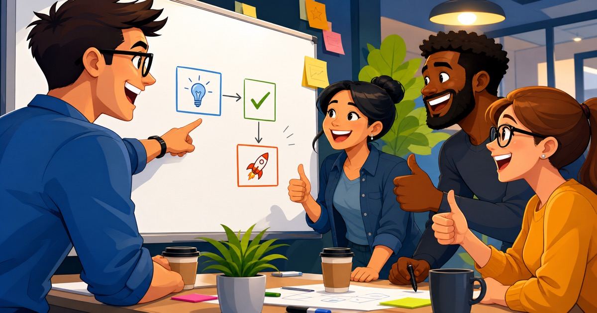 Une équipe diversifiée d'ingénieurs rassemblée autour d'un tableau blanc, collaborant avec enthousiasme sur une solution simple avec une énergie de célébration
