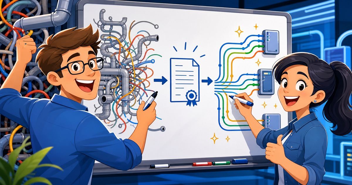 Des ingénieurs collaborant à un tableau blanc montrant la transformation de flux de données chaotiques en flux de données organisés basés sur des contrats