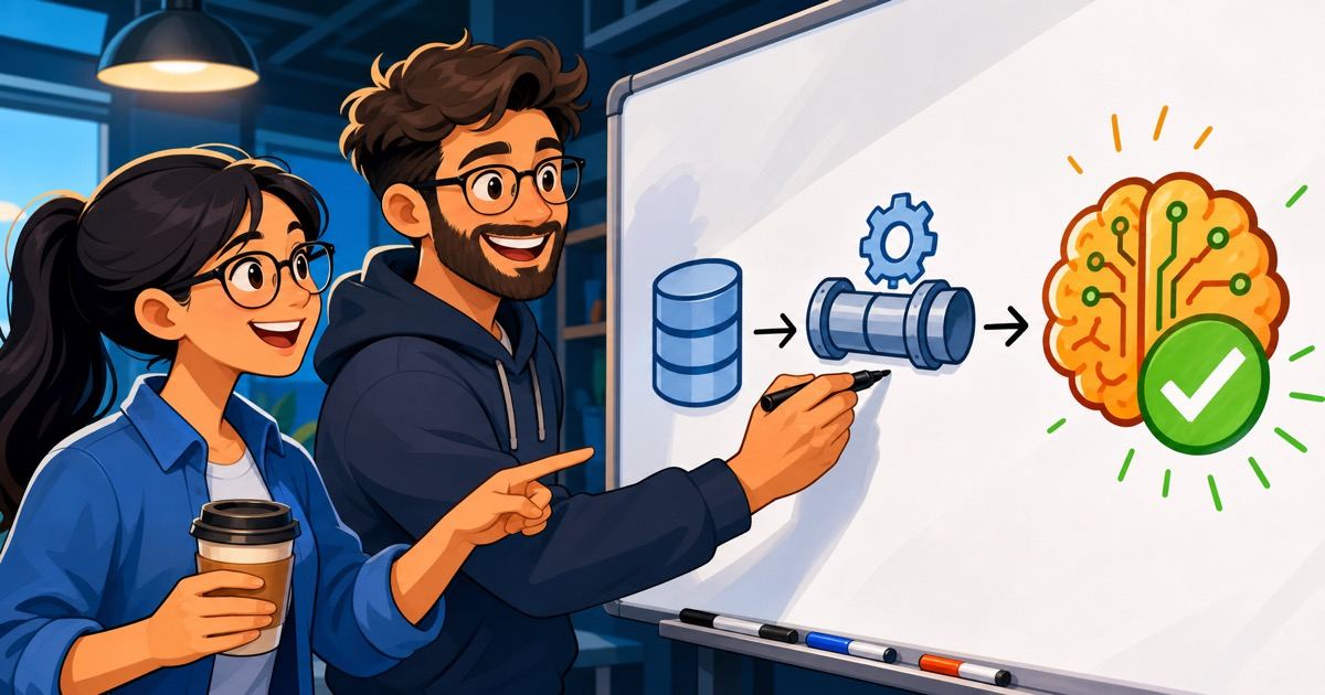 Zwei Ingenieure, die an einem Whiteboard zusammenarbeiten und eine saubere KI-bereite Datenpipeline-Architektur mit verbundenen Datenbank-, Pipeline- und KI-Symbolen entwerfen