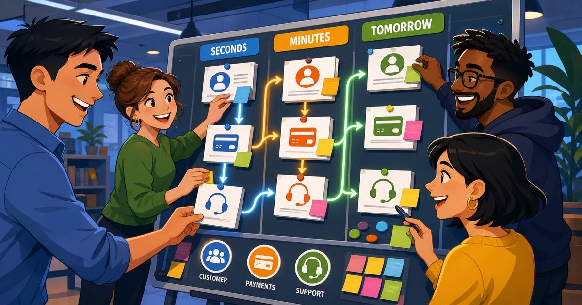 A team of operators and engineers standing around a large wall of colored clocks and workflow cards, confidently sorting tasks into seconds, minutes, and daily freshness windows