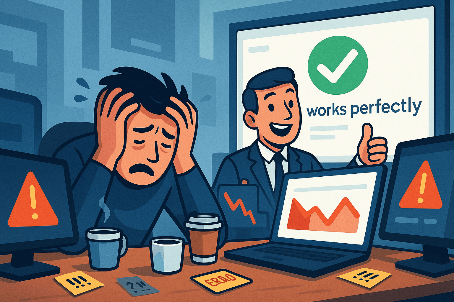 Un data engineer sotto stress a una scrivania coperta di allarmi rossi, mentre un rappresentante alle vendite sorridente presenta dietro di lui uno schermo demo perfetto