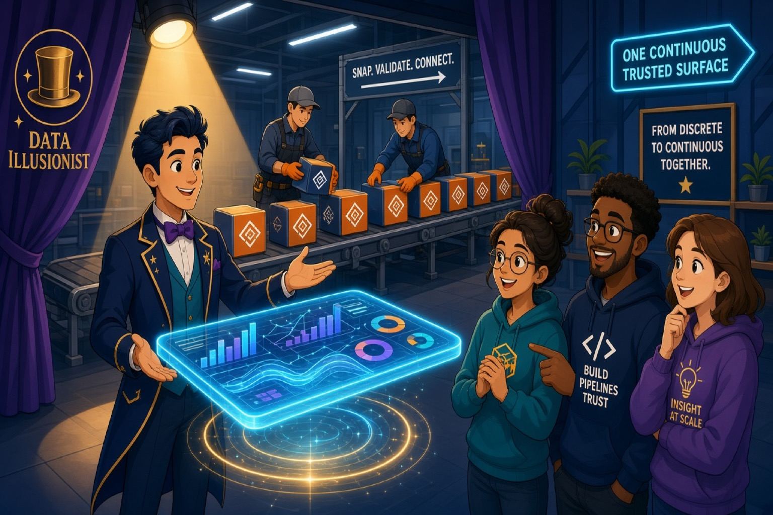 A magician on a stage presenting a glowing "continuous table" illusion to an audience of data engineers, while behind the curtain you can see a conveyor belt of small discrete file boxes being snapped together rapidly by harried workers