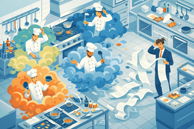A cartoon kitchen where confused chefs appear in puffs of smoke while a manager stares at an enormous bill