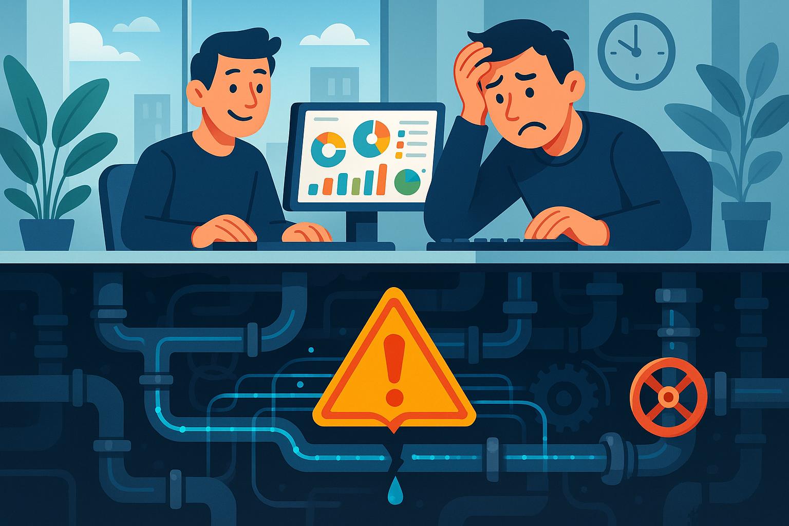 Engineers working at dashboards above a hidden layer of plumbing pipes, illustrating CDC as the invisible infrastructure beneath modern data systems